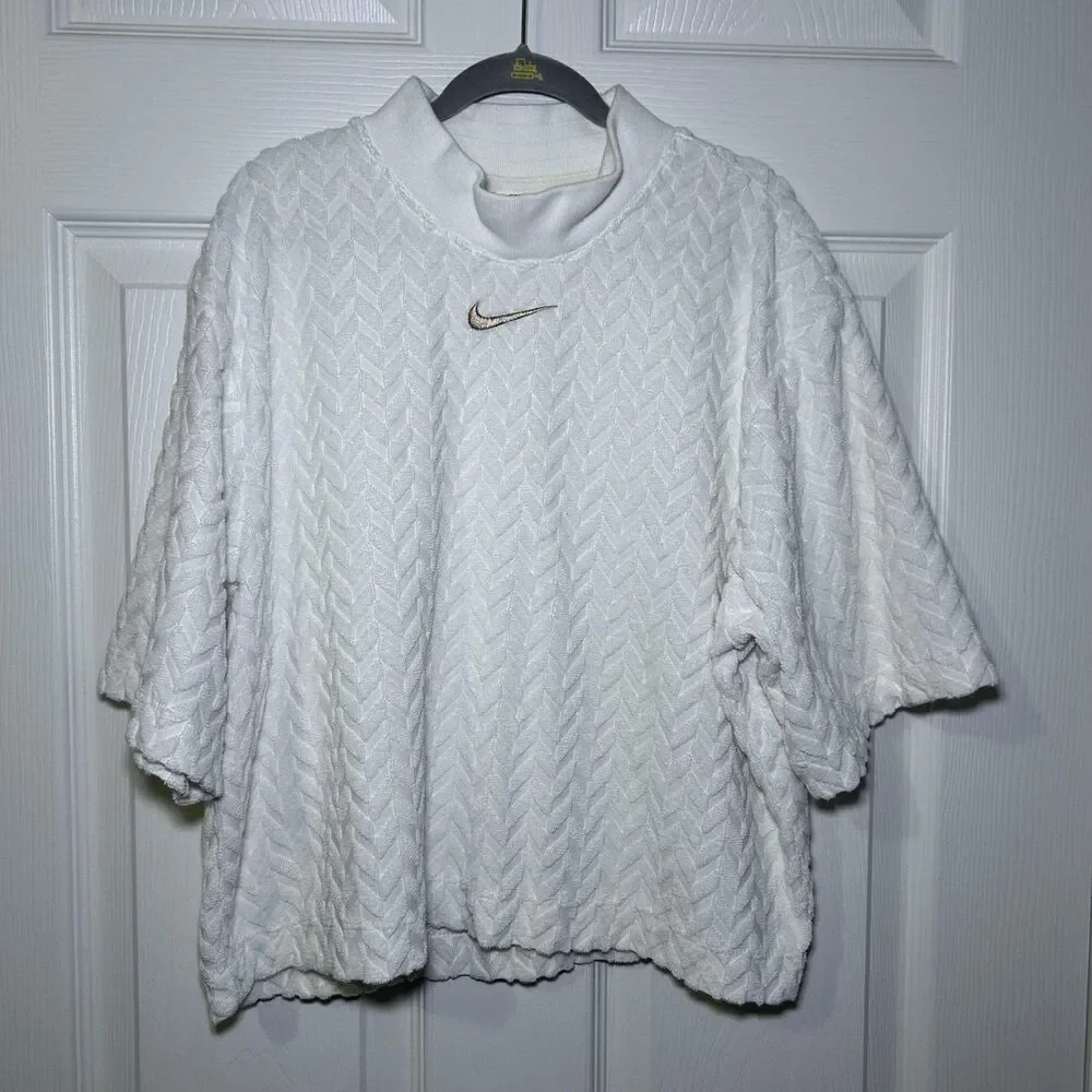 Nike Sweatshirt Women's XS White Herringbone Mock Neck Short Sleeve Terry Logo